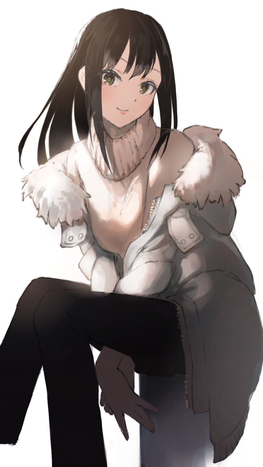 1girl absurdres black_hair coat green_eyes highres idolmaster idolmaster_cinderella_girls idolmaster_cinderella_girls_starlight_stage k_concord long_hair long_sleeves pants shibuya_rin simple_background sitting smile solo sweater white_background