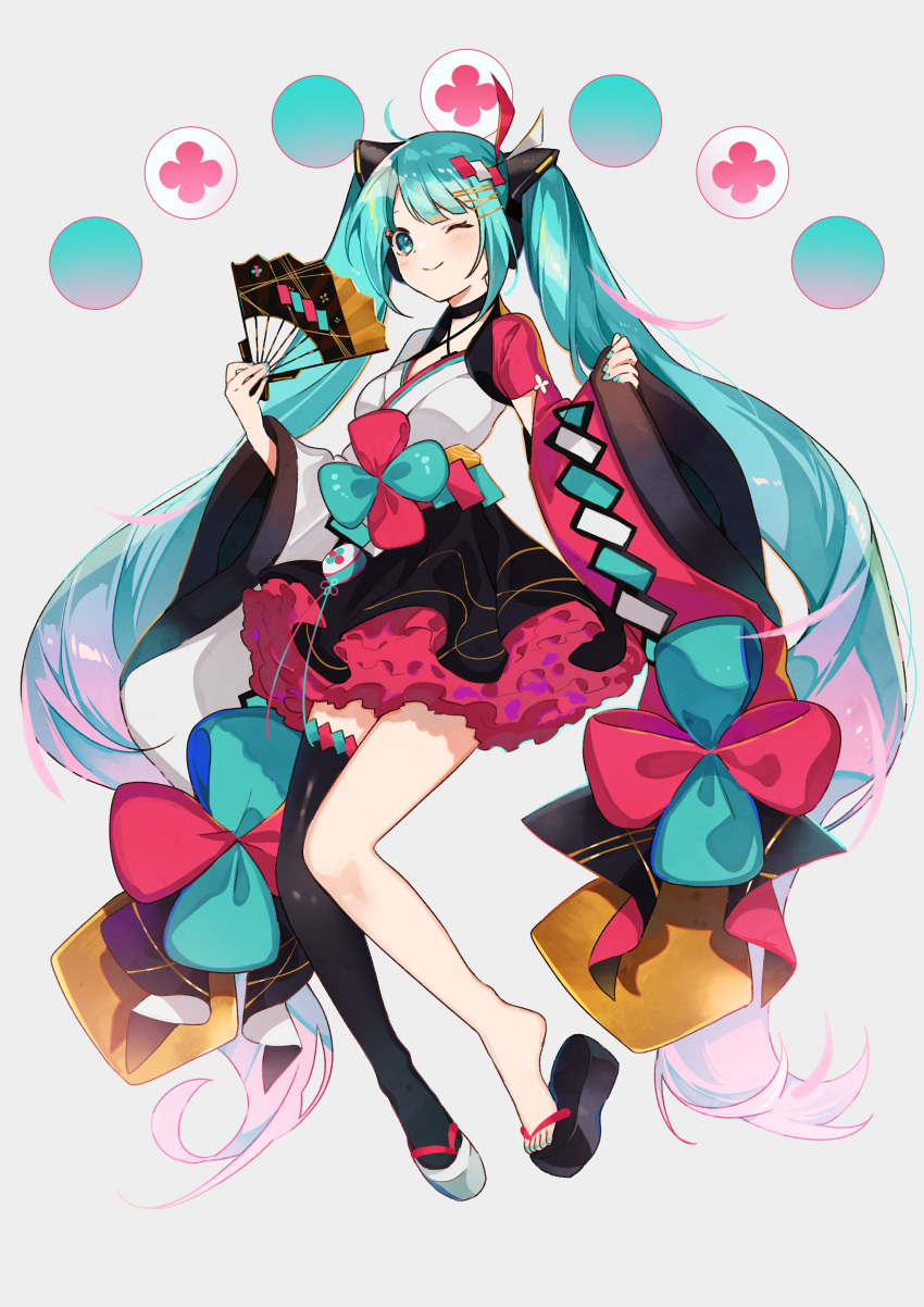 1girl :&gt; absurdres aqua_eyes aqua_hair aqua_nails black_legwear black_skirt bow commentary criss-cross_halter fan folding_fan frilled_skirt frills full_body grey_background hair_ornament hairclip halterneck hatsune_miku highres holding holding_fan japanese_clothes kimono long_hair looking_at_viewer magical_mirai_(vocaloid) mismatched_sleeves nail_polish omutatsu one_eye_closed single_thighhigh skirt smile solo thigh-highs twintails very_long_hair vocaloid wide_sleeves yukata zouri