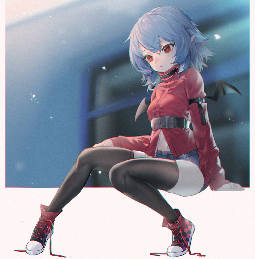 1girl alternate_costume arm_belt bat_wings belt black_legwear black_wings blue_hair blue_shorts blurry blurry_background casual full_body highres iouley jacket long_hair long_sleeves pointy_ears red_eyes red_footwear red_jacket remilia_scarlet shoelaces shoes short_shorts shorts sitting solo thigh-highs touhou untied wings