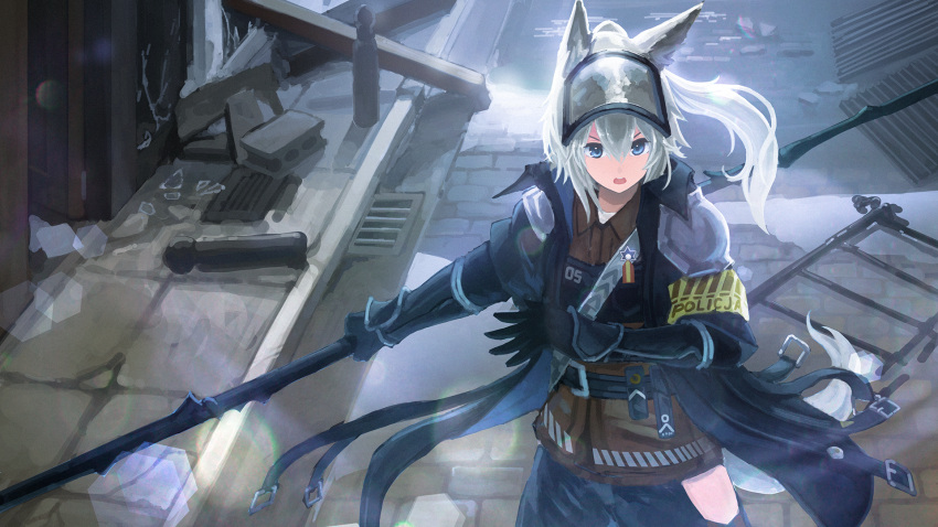 1girl animal_ears arknights armband broken_glass glass gloves grani_(arknights) highres hip_vent holding holding_spear holding_weapon horse_ears lens_flare long_coat medal polearm ponytail sentou_kouhei_kitsune silver_hair spear tail weapon