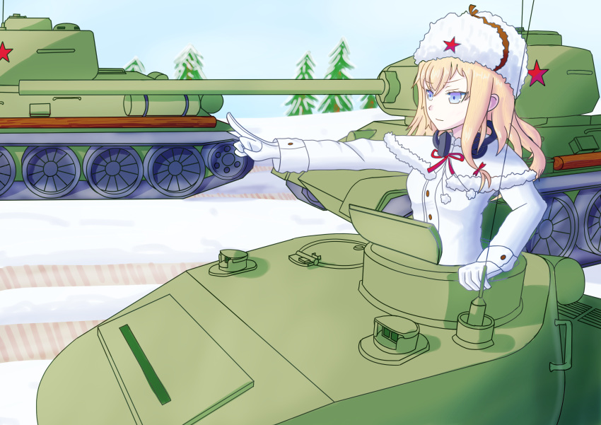 1girl absurdres blonde_hair blue_eyes breasts caterpillar_tracks coat commentary_request day fur_hat gilijim girls_frontline ground_vehicle hat highres long_hair military military_vehicle mosin-nagant_(girls_frontline) motor_vehicle sky snow star_(symbol) t-34 t-34-85 tank tree ushanka