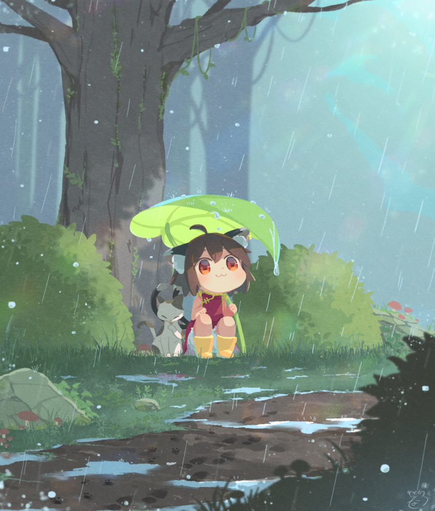 1girl :3 ahoge animal_ear_fluff animal_ears bloomers blurry blurry_background boots brown_hair cat cat_ears cat_girl cat_tail chen chibi china_dress chinese_clothes commentary commentary_request dress flower footprints grass highres holding holding_leaf ibaraki_natou leaf leaf_umbrella looking_at_viewer looking_up mud multiple_tails mushroom orange_eyes outdoors plant puddle rain rock rubber_boots short_hair sleeveless sleeveless_dress tail touhou tree under_tree underwear vines yellow_footwear