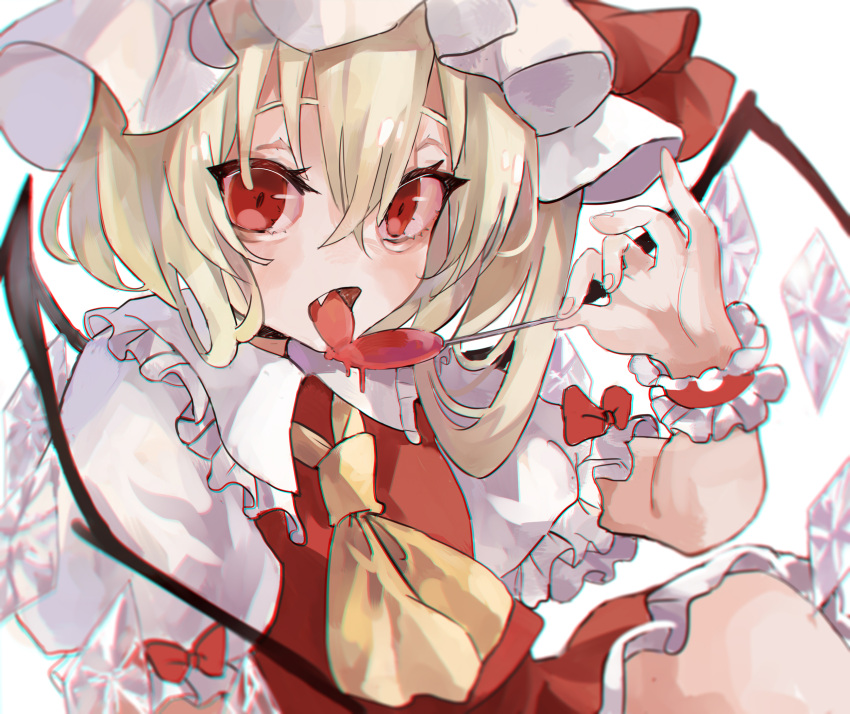 1girl ascot blonde_hair blurry bow crystal depth_of_field eyebrows_behind_hair fang fingernails flandre_scarlet flat_chest hair_between_eyes hat hat_bow highres kani_nyan knee_up licking looking_at_viewer mob_cap one_side_up open_mouth pinky_out puffy_short_sleeves puffy_sleeves red_bow red_eyes red_skirt red_vest short_hair short_sleeves simple_background sitting skirt solo spoon symbol_commentary tongue tongue_out touhou upper_body vest white_background white_headwear wings wrist_cuffs yellow_neckwear