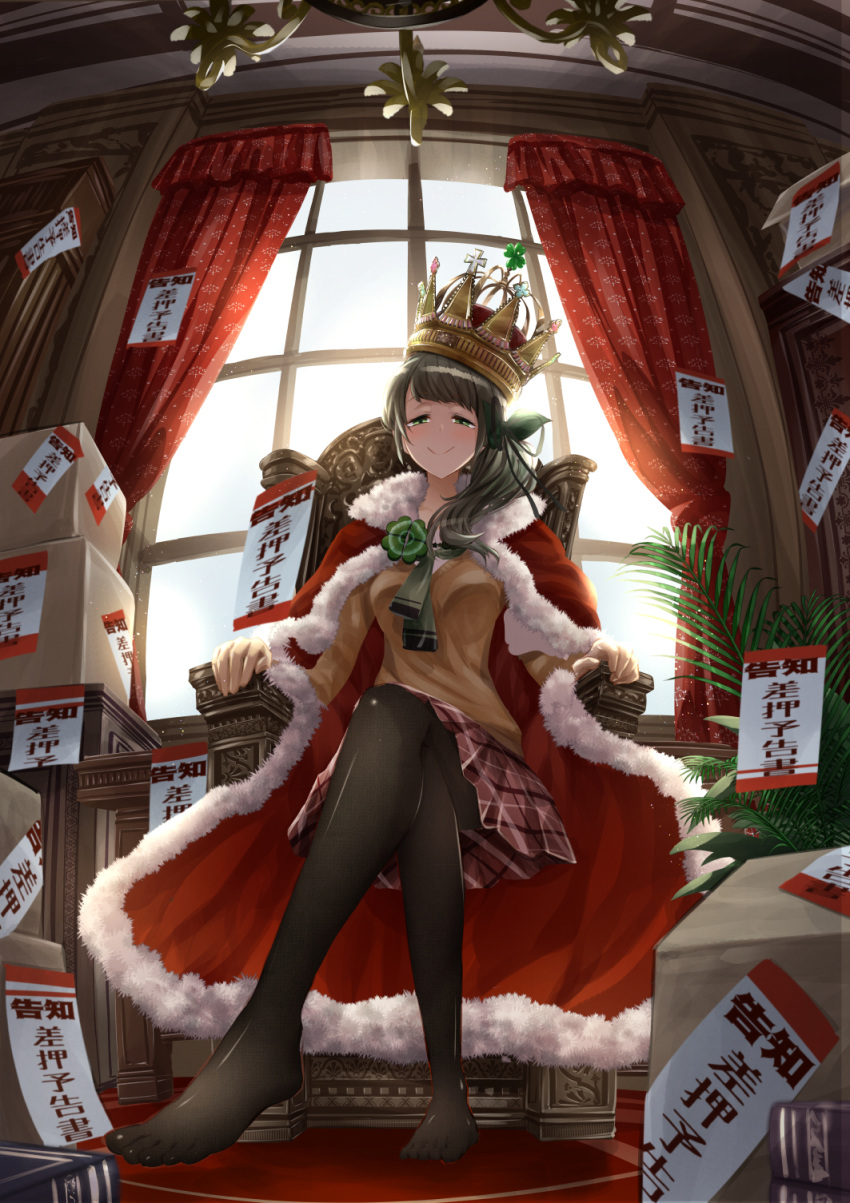 1girl bangs black_legwear blush book box breasts brown_hair chair chandelier cloak closed_mouth clover cluseller commentary_request crossed_legs crown curtains day english_commentary feet fisheye four-leaf_clover full_body fur-trimmed_cloak fur_trim green_eyes green_neckwear green_ribbon hair_ribbon half-closed_eyes happy highres hinamizawa_kurumi indoors light_particles long_hair long_sleeves looking_at_viewer medium_breasts miniskirt mixed-language_commentary neckerchief note pantyhose partial_commentary plaid plaid_skirt plant pleated_skirt pygmalion._(group) red_cloak red_skirt ribbon school_uniform shiny shiny_clothes shiny_hair shirt side_ponytail sitting skirt smile solo sweater throne tied_hair tilted_headwear translation_request virtual_youtuber white_shirt window yellow_sweater