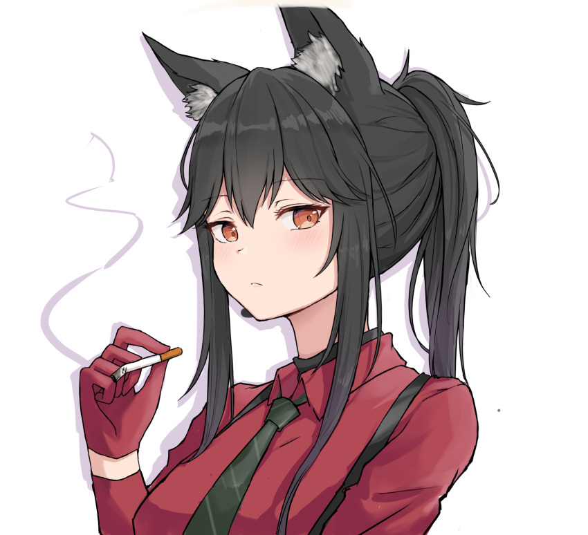 1girl absurdres animal_ear_fluff animal_ears arknights bangs black_hair black_neckwear brown_eyes cigarette commentary_request eyebrows_visible_through_hair gloves hair_between_eyes hand_up highres holding holding_cigarette long_hair long_sleeves mango_(mgo) necktie official_alternate_costume ponytail red_gloves red_shirt shirt sidelocks simple_background smoke solo texas_(arknights) texas_(willpower)_(arknights) upper_body white_background wing_collar wolf_ears