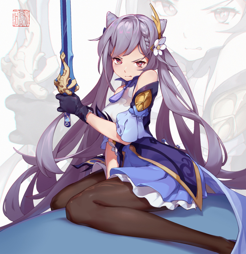 1girl absurdres bare_shoulders black_legwear blush breasts clenched_teeth detached_sleeves double_bun dress frilled_dress frilled_skirt frilled_sleeves frills full_body genshin_impact gloves hair_ornament highres holding holding_sword holding_weapon keqing_(genshin_impact) long_hair looking_at_viewer pantyhose princehan purple_hair skirt sleeveless sleeveless_dress solo sword teeth twintails violet_eyes weapon