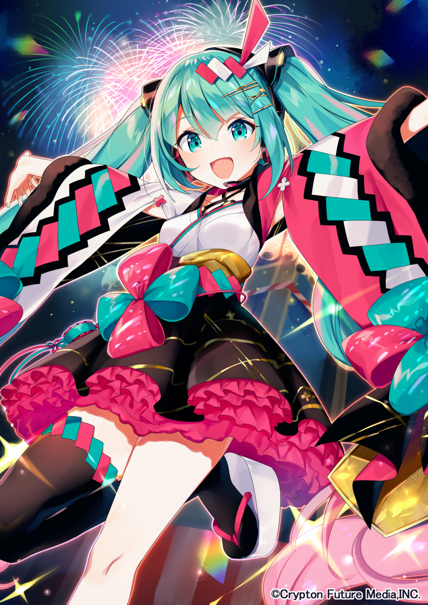 1girl :d aerial_fireworks aqua_eyes aqua_hair arms_up bangs black_legwear black_skirt blurry blurry_background breasts commentary company_name criss-cross_halter crypton_future_media eyebrows_visible_through_hair feet_out_of_frame fireworks frilled_skirt frills from_below hair_between_eyes hair_ornament hairclip halterneck hatsune_miku headphones headset highres japanese_clothes kimono kimono_skirt layered_skirt leg_up long_hair long_sleeves looking_at_viewer magical_mirai_(vocaloid) mismatched_sleeves miyukiyo multicolored multicolored_clothes multicolored_hair night official_art open_mouth outdoors outstretched_arms pink_hair platform_footwear shiny shiny_hair single_thighhigh skirt small_breasts smile solo sparkle standing standing_on_one_leg thigh-highs twintails two-tone_hair very_long_hair vocaloid watermark white_footwear white_kimono wide_sleeves x_hair_ornament yukata zouri