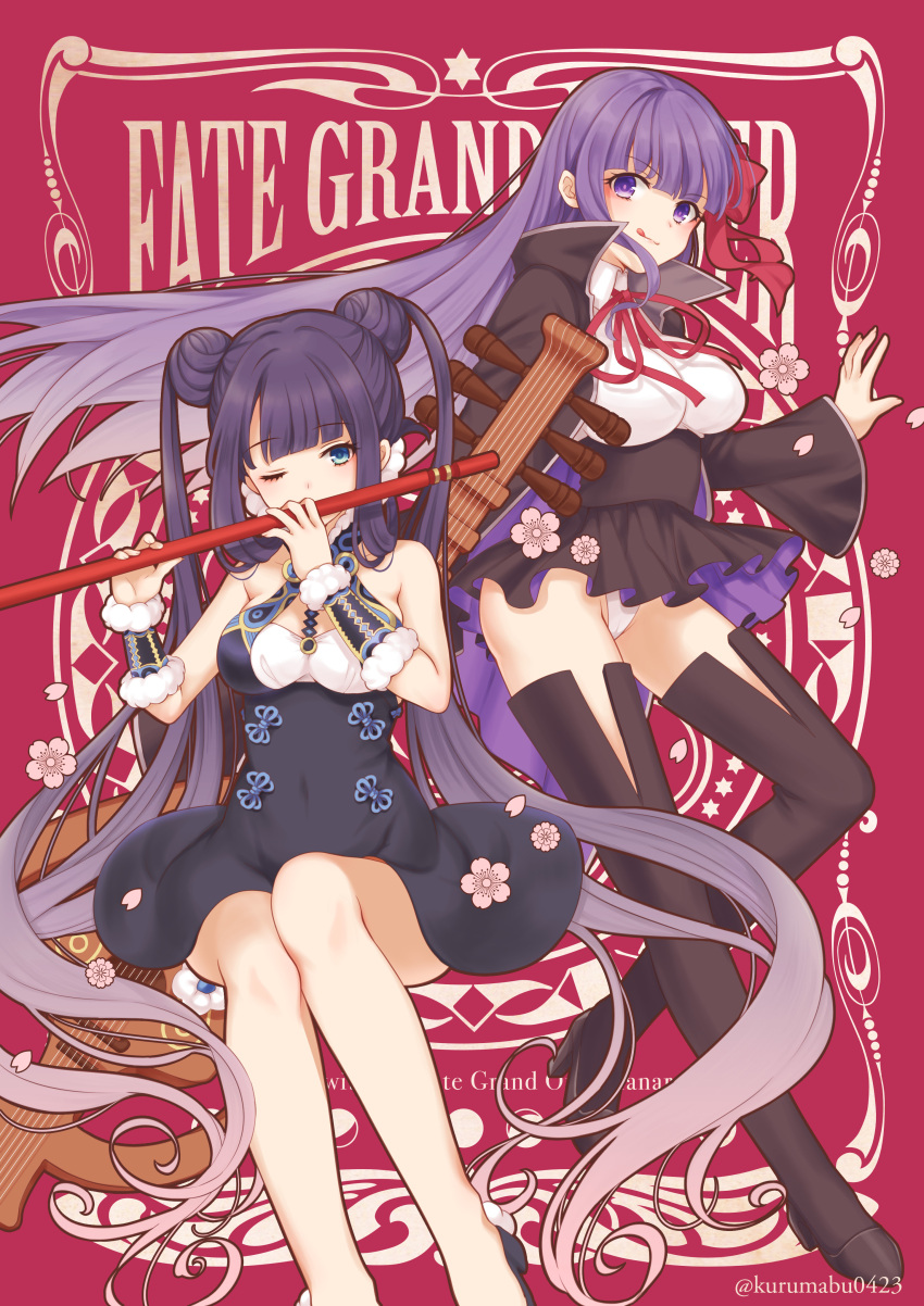 2girls absurdres bb_(fate)_(all) bb_(fate/extra_ccc) blue_eyes bow breasts cherry_blossoms copyright_name double_bun dress fate/grand_order fate_(series) flute highres instrument leotard long_hair multiple_girls music one_eye_closed pika_mouse playing_instrument purple_hair twintails twitter_username very_long_hair violet_eyes white_leotard yang_guifei_(fate/grand_order)