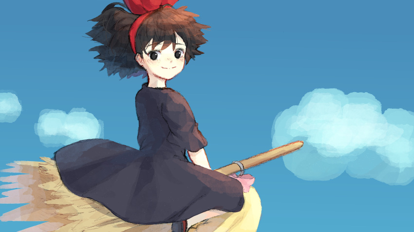 1girl absurdres bangs black_dress black_eyes black_hair blue_sky bob_cut bow broom broom_riding closed_mouth clouds commentary_request dress flying hair_bow hairband highres kiki korean_commentary light_blush light_smile looking_at_viewer looking_back majo_no_takkyuubin mangi5000 messy_hair red_bow red_hairband short_hair sky solo studio_ghibli