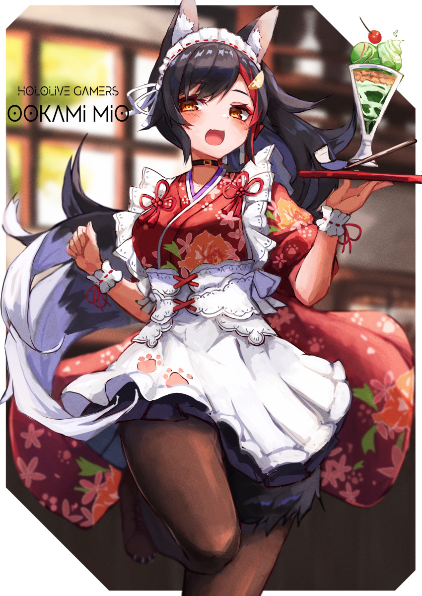 1girl absurdres animal_ear_fluff animal_ears apron bangs black_choker black_hair black_legwear blurry blurry_background blush choker commentary_request eyebrows_visible_through_hair fang floral_print hair_between_eyes highres holding holding_plate hololive indoors inre_kemomimi japanese_clothes kimono leg_up long_hair looking_at_viewer maid_headdress multicolored_hair ookami_mio open_mouth pantyhose parfait paw_print plate red_kimono redhead sidelocks skin_fang solo swept_bangs tail two-tone_hair virtual_youtuber wa_maid window wolf_ears wolf_girl wolf_tail wrist_cuffs yellow_eyes