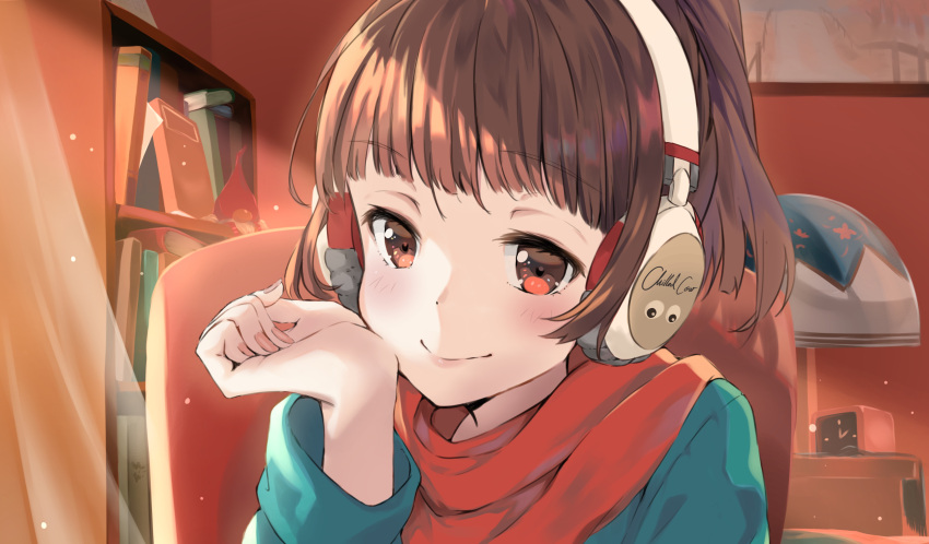 1girl absurdres alarm_clock blue_sweater brown_eyes brown_hair chilledcow_stream_girl clock closed_mouth curtains dot_nose fingernails hand_up headphones highres indoors light_particles lofi_hip_hop_radio_-_beats_to_relax/study_to long_sleeves looking_at_viewer looking_to_the_side nail_polish pink_nails ponytail red_scarf scarf smile solo sweater timo_wei95