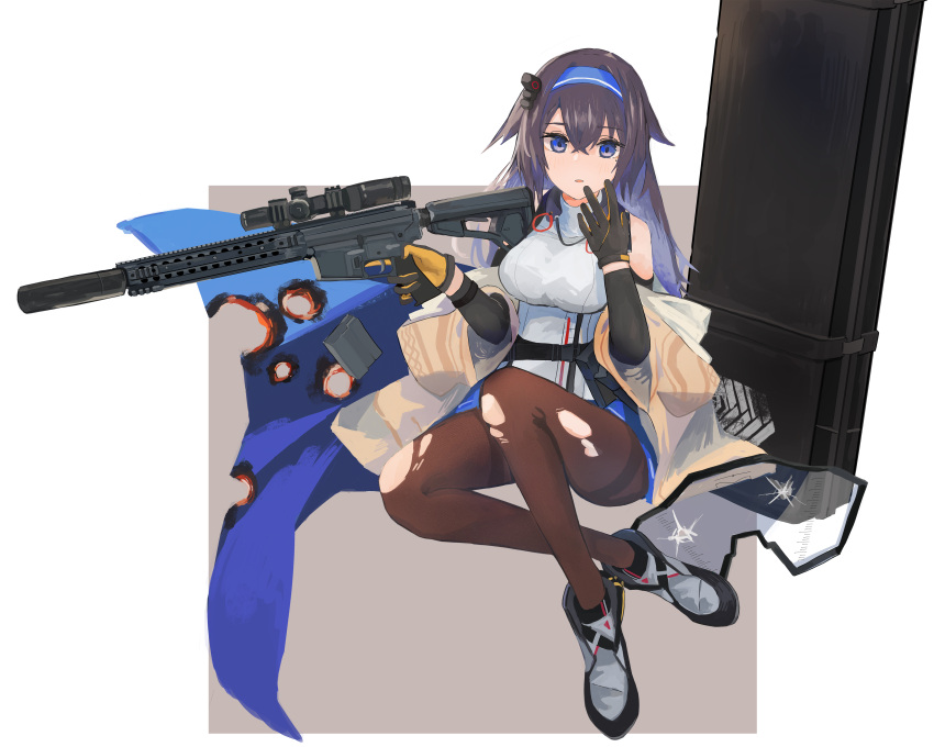 1girl absurdres black_hair blue_eyes commission girls_frontline gun hair_flaps highres long_hair reraise skeb_commission solo super_sass super_sass_(girls_frontline) torn_clothes very_long_hair weapon weapon_case