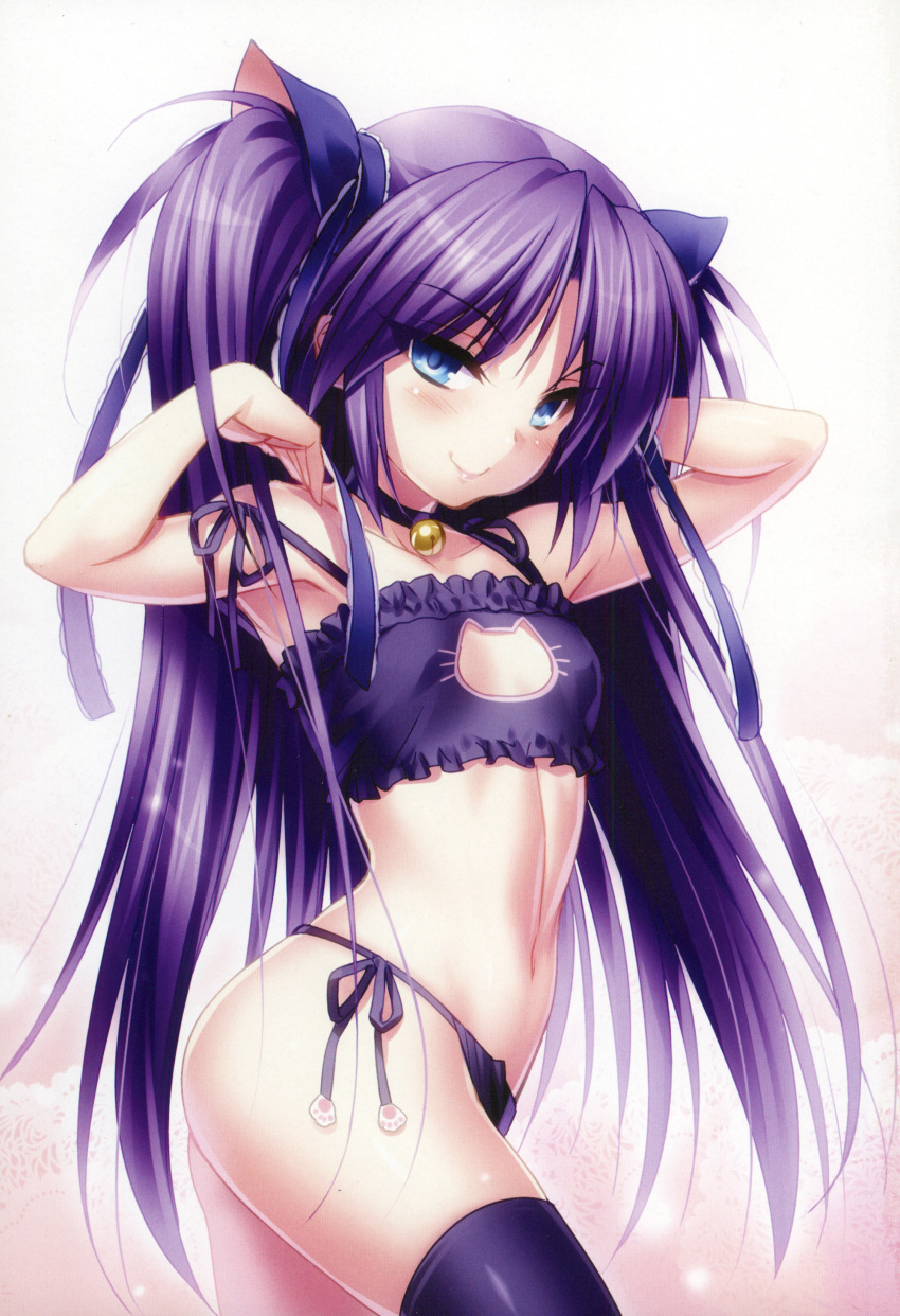 1girl absurdres bell bell_choker black_bra black_legwear black_panties blue_eyes blush bra cat_cutout cat_lingerie choker cleavage_cutout clothing_cutout contrapposto from_side highres jingle_bell little_busters!! long_hair looking_at_viewer meme_attire navel panties pose purple_hair sasasegawa_sasami scan side-tie_panties simple_background smile solo standing thigh-highs two_side_up underwear underwear_only zen