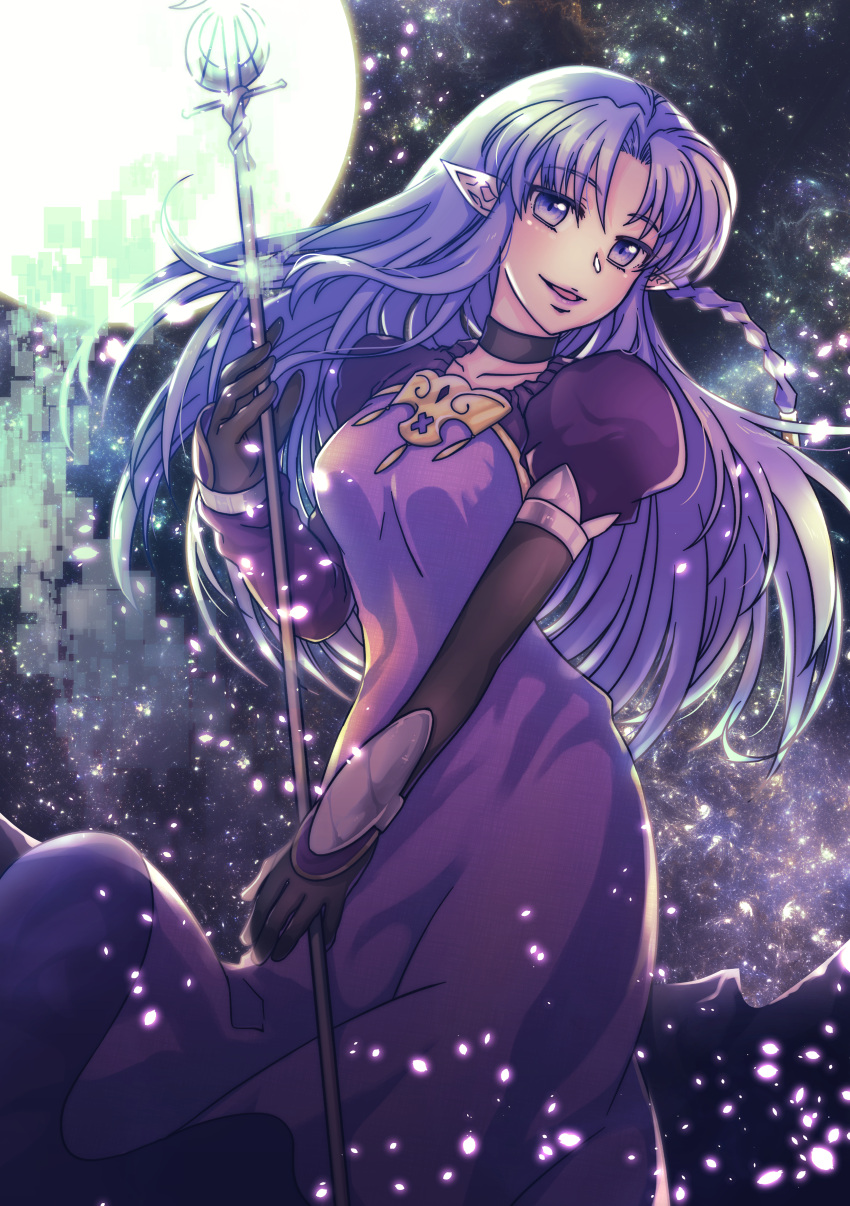 1girl absurdres asymmetrical_gloves asymmetrical_sleeves black_choker black_gloves caster choker collarbone commentary_request dress elbow_gloves fate/grand_order fate_(series) full_moon gloves highres holding holding_staff huge_filesize lipstick long_dress long_hair looking_at_viewer makeup moon night night_sky purple_dress purple_hair purple_lipstick sasa_mizuka single_elbow_glove sky smile solo staff very_long_hair violet_eyes