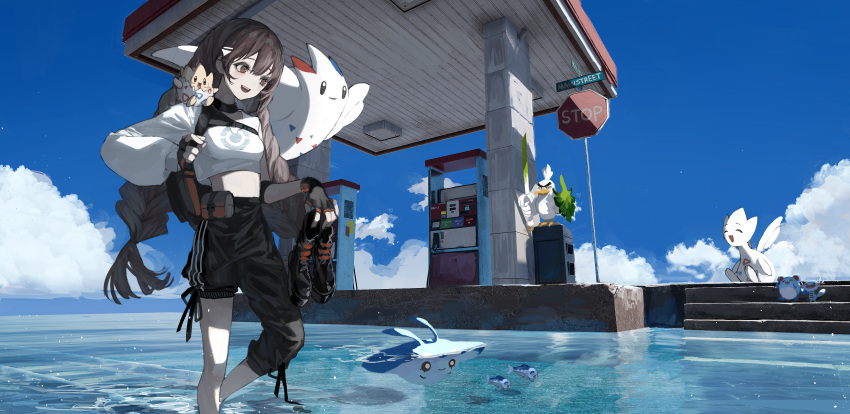 1girl absurdres bag black_gloves black_hair black_legwear boots brown_eyes character_request clouds es-ther fingerless_gloves gas_station gloves highres huge_filesize long_hair long_sleeves open_mouth pants pokemon road_sign shirt sign sky stop_sign tagme upper_teeth white_shirt
