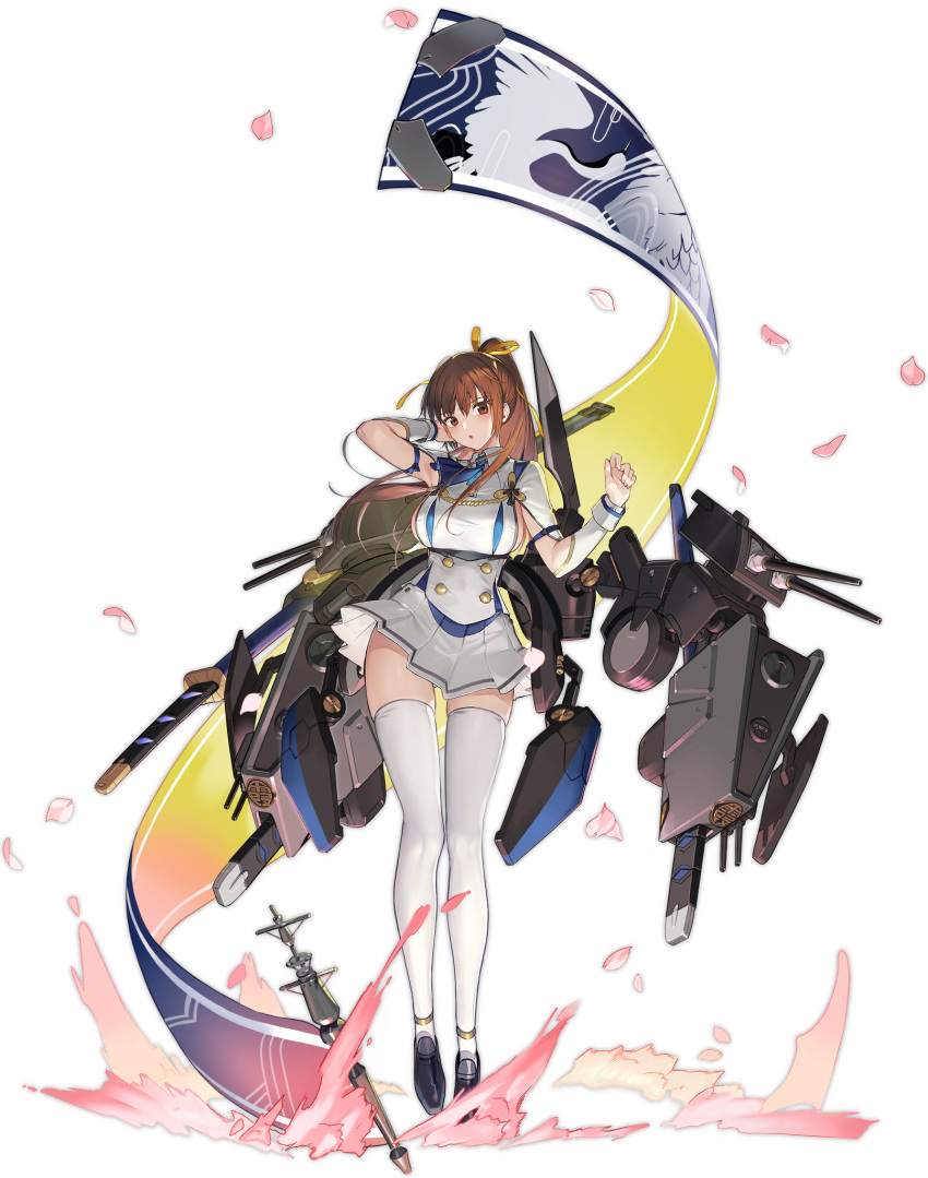 1girl artist_request azur_lane bangs breasts brown_eyes brown_hair dead_or_alive dead_or_alive_xtreme full_body highres kasumi_(doa) large_breasts long_hair looking_at_viewer machinery official_art open_mouth pleated_skirt ponytail shoes skirt solo thigh-highs tied_hair turret white_legwear zettai_ryouiki