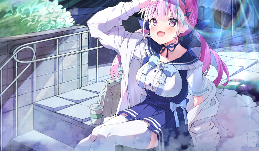 1girl :d anchor_hair_ornament anchor_symbol arm_up bangs blue_bow blue_hair blue_hairband blue_ribbon blue_sailor_collar blue_skirt blush bow braid breasts center_frills darjeeling_(reley) day eyebrows_visible_through_hair feet_out_of_frame frilled_jacket frilled_sailor_collar frills hair_ornament hair_ribbon hairband highres hololive jacket long_hair long_sleeves looking_away looking_up medium_breasts minato_aqua multicolored_hair off_shoulder open_clothes open_jacket open_mouth outdoors pink_hair pleated_skirt railing red_eyes ribbon sailor_collar shading_eyes shirt sitting sitting_on_stairs skirt sleeves_past_wrists smile solo stairs stone_stairs thigh-highs two-tone_hair very_long_hair virtual_youtuber white_jacket white_legwear white_shirt