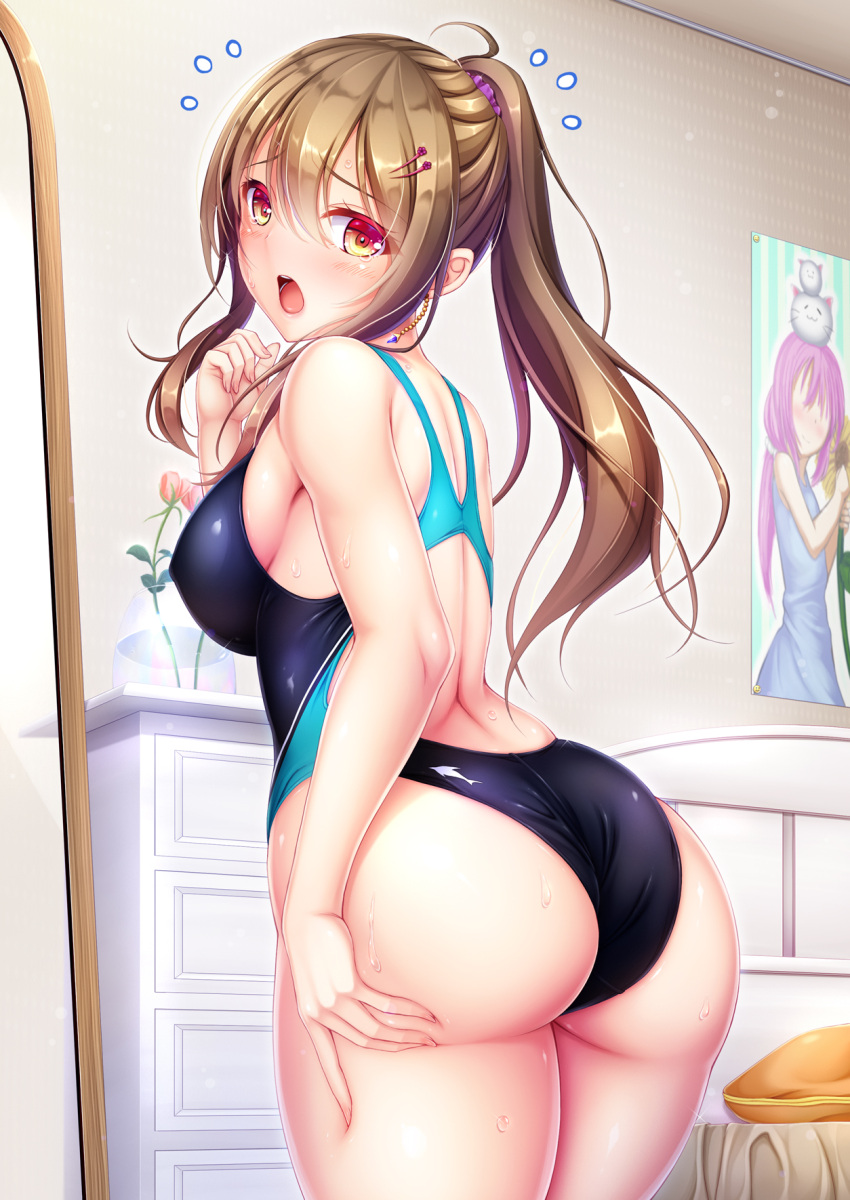 1girl ass bed bedroom black_swimsuit brown_hair chest_of_drawers commentary_request competition_swimsuit cowboy_shot drawer embarrassed flying_sweatdrops from_behind full-length_mirror hair_ornament hairclip highres hiro_(725611) indoors long_hair looking_at_viewer mirror one-piece_swimsuit original ponytail poster_(object) red_eyes solo standing swimsuit