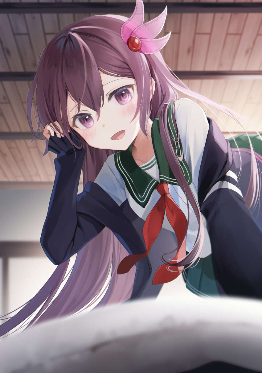 1girl :d absurdres black_jacket blush eyebrows_visible_through_hair green_sailor_collar green_skirt hair_between_eyes highres jacket kantai_collection kisaragi_(kantai_collection) long_hair long_sleeves neckerchief open_mouth pleated_skirt purple_hair red_neckwear remodel_(kantai_collection) sailor_collar school_uniform serafuku skirt smile solo violet_eyes yunamaro