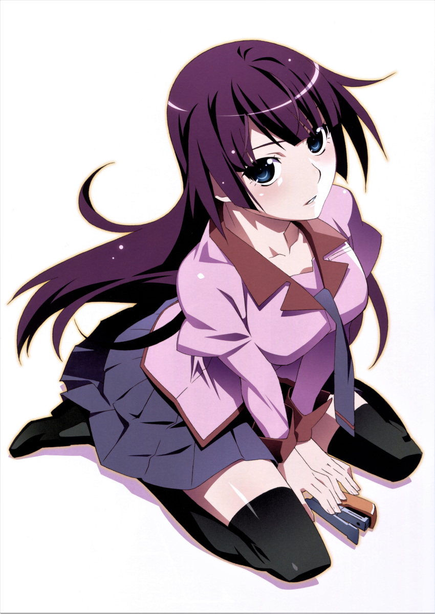 1girl absurdres arm_support bakemonogatari bangs between_legs black_footwear black_legwear blue_eyes blue_neckwear blue_skirt blunt_bangs blush breasts collarbone floating_hair from_above from_side full_body hand_between_legs high_heels highres juliet_sleeves leaning_forward loafers long_hair long_sleeves looking_at_viewer medium_breasts monogatari_(series) naoetsu_high_school_uniform necktie official_art outline parted_bangs parted_lips pleated_skirt pocket puffy_long_sleeves puffy_sleeves purple_hair purple_shirt scan school_uniform senjougahara_hitagi shadow shirt shoes simple_background sitting skirt sleeve_cuffs solo stapler text_focus thigh-highs v_arms wariza watanabe_akio white_background zettai_ryouiki