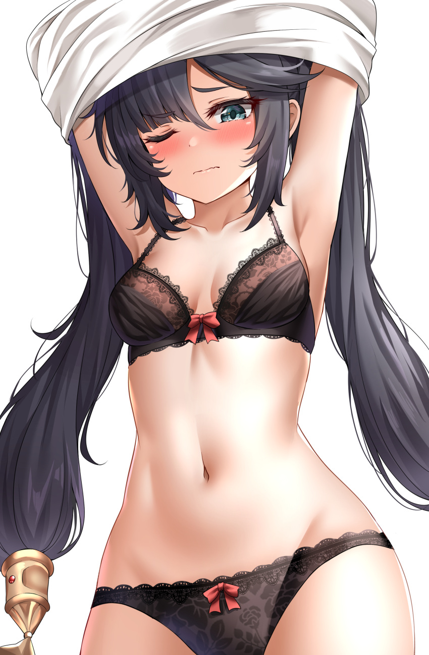 1girl absurdres armpits arms_up bangs black_bra black_hair black_panties blush bow bra breasts closed_mouth collarbone cowboy_shot floral_print genshin_impact hair_between_eyes hair_ornament highres lace lace_bra lace_panties long_hair medium_breasts messy_hair mona_(genshin_impact) navel one_eye_closed panties red_bow revision shirt shirt_removed sidelocks simple_background solo stomach sunhyun twintails underwear undressing white_background white_shirt