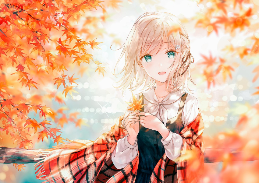1girl autumn_leaves black_dress blonde_hair collared_shirt dress fence green_eyes hiten_(hitenkei) holding holding_leaf leaf looking_at_viewer maple_leaf maple_tree open_mouth original plaid plaid_scarf river scarf shirt short_hair sleeveless sleeveless_dress solo tree water white_shirt