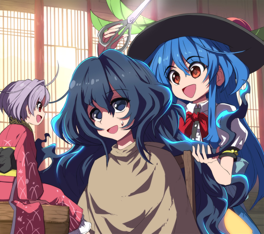 3girls :d ahoge arm_support black_headwear black_sash blue_eyes blue_hair bow bowtie buttons center_frills chair commentary_request food frills fruit glowing glowing_hair grey_hair hair_between_eyes hair_intakes hairdressing hat hinanawi_tenshi holding holding_hair holding_scissors indoors japanese_clothes kimono leaf long_hair long_sleeves minigirl multiple_girls obi open_mouth orange_eyes peach profile puffy_short_sleeves puffy_sleeves red_bow red_eyes red_neckwear sash scissors shirt shope short_hair short_sleeves sidelocks sitting smile sukuna_shinmyoumaru sweatdrop touhou upper_body white_shirt window yorigami_shion