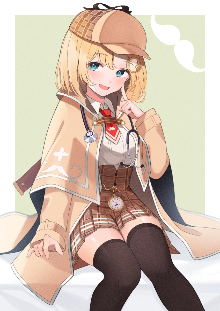 1girl :d bangs black_legwear blonde_hair blue_eyes blush breasts brown_headwear brown_skirt collared_shirt commentary_request deerstalker eyebrows_visible_through_hair feet_out_of_frame finger_to_cheek hair_ornament hand_up hat highres hololive hololive_english index_finger_raised jacket long_sleeves looking_at_viewer miniskirt monocle_hair_ornament mustache_print necktie open_clothes open_jacket open_mouth plaid plaid_skirt pleated_skirt pocket_watch red_neckwear shirt short_hair short_necktie sitting skirt smile solo thigh-highs virtual_youtuber watch watson_amelia white_shirt yudetama zettai_ryouiki