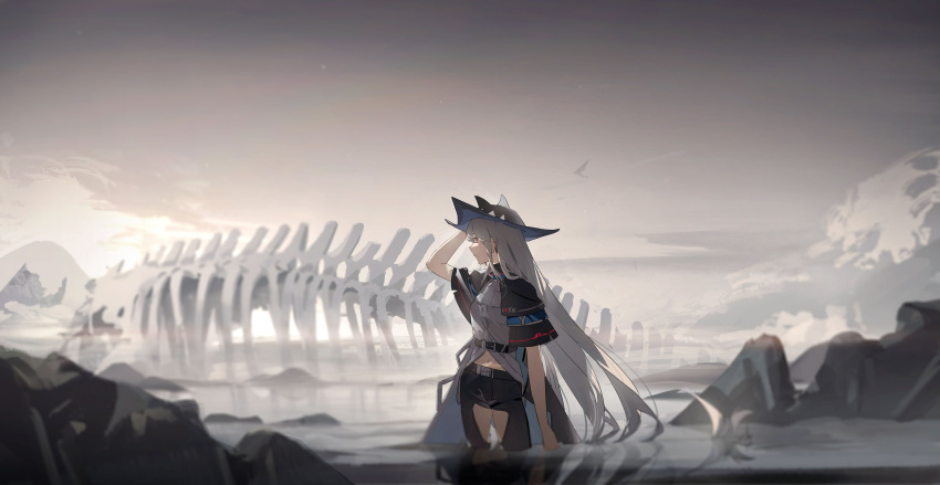 1girl absurdres arknights arm_up bangs belt belt_buckle black_belt black_headwear black_pants buckle closed_mouth collar from_side grey_hair grey_sky hair_between_eyes hat highres in_water long_hair looking_away navel pants red_eyes scenery shirt short_sleeves skadi_(arknights) skeleton sky solo standing stomach very_long_hair water wide_shot zhibuji_loom