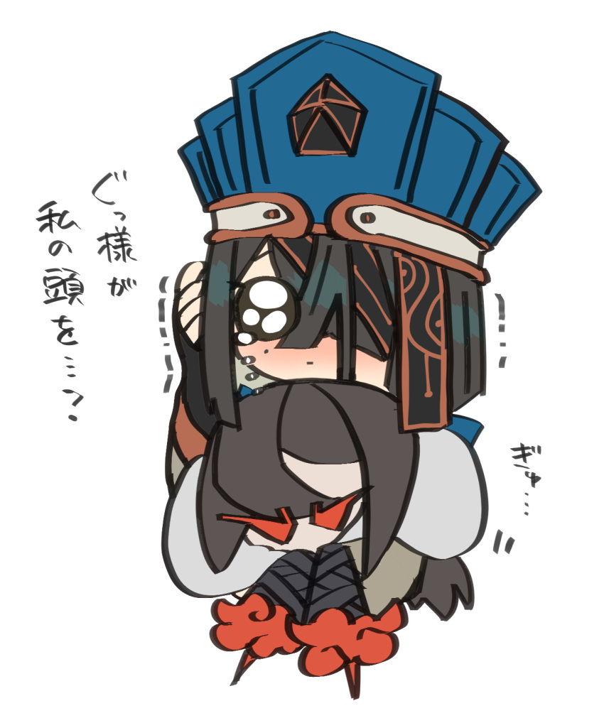 1girl bare_shoulders black_hair blue_headwear breasts brown_eyes chibi chinese_clothes consort_yu_(fate) crying doll fate/grand_order fate_(series) hair_ornament hair_over_one_eye hairpin hat highres holding holding_doll long_sleeves mole mole_under_eye seeds328 short_hair small_breasts translation_request white_robe wide_sleeves xu_fu_(fate)