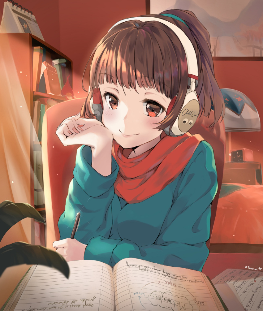 1girl alarm_clock blue_sweater blurry blurry_foreground blush book bookshelf brown_eyes brown_hair calendar_(object) chilledcow_stream_girl clock closed_mouth curtains depth_of_field desk dot_nose eyebrows_visible_through_hair fingernails glint hand_up headphones highres holding holding_pen indoors light_particles lofi_hip_hop_radio_-_beats_to_relax/study_to long_sleeves looking_at_viewer nail_polish notebook open_book painting_(object) pen pink_nails plant ponytail potted_plant red_scarf scarf smile solo sweater timo_wei95 twitter_username