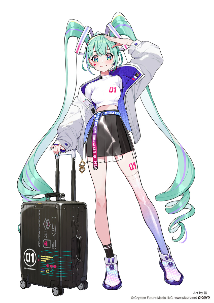 1girl arm_up bangs black_legwear black_skirt blush breasts closed_mouth commentary_request crop_top eyebrows_visible_through_hair facial_mark full_body green_eyes green_hair hatsune_miku highres jacket long_hair long_sleeves medium_breasts official_art open_clothes open_jacket pleated_skirt puffy_long_sleeves puffy_sleeves rolling_suitcase see-through shirt shoes simple_background single_sock single_thighhigh skirt smile socks solo standing thigh-highs twintails very_long_hair vocaloid watermark white_background white_footwear white_jacket white_legwear white_shirt yuu_(higashi_no_penguin)