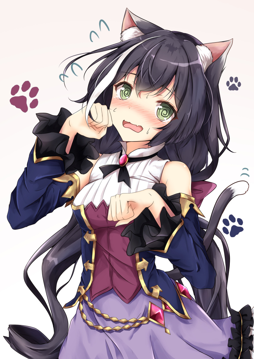 1girl @_@ absurdres animal_ear_fluff animal_ears bangs bare_shoulders black_hair blue_sleeves blush bow breasts cat_ears cat_girl cat_tail commentary_request cowboy_shot detached_sleeves eyebrows_visible_through_hair fang frilled_skirt frills gem green_eyes hair_bow hands_up highres huge_filesize karyl_(princess_connect!) long_hair long_sleeves looking_at_viewer low_twintails medium_breasts multicolored_hair open_mouth paw_pose paw_print_background princess_connect! princess_connect!_re:dive purple_skirt rumiko_(rmeco) shirt skin_fang skirt sleeveless sleeveless_shirt solo streaked_hair sweatdrop tail tail_raised twintails very_long_hair white_background white_hair white_shirt wide_sleeves