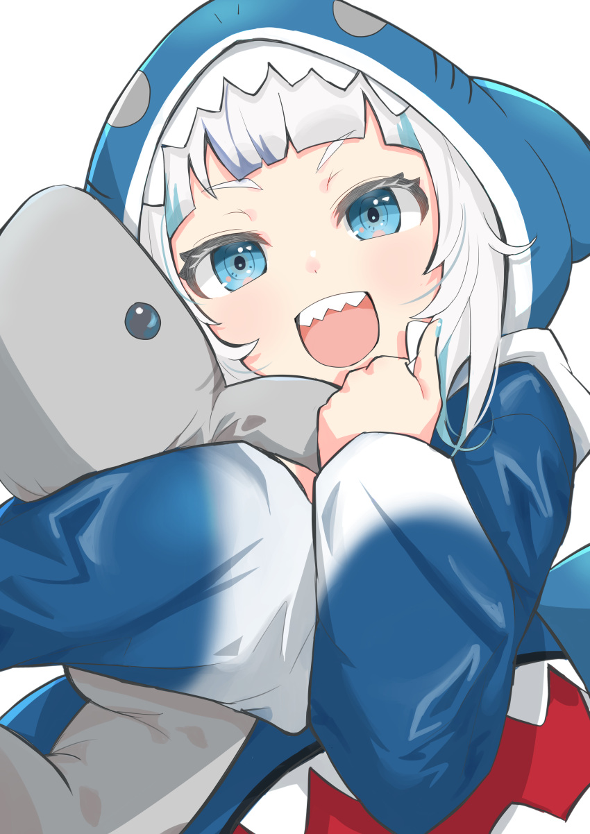 1girl :d absurdres animal_hood arms_up bangs blue_eyes blue_hair blue_hoodie blue_nails blue_sleeves doll_hug eyebrows_visible_through_hair gawr_gura highres hololive hololive_english hood hoodie looking_at_viewer open_mouth shark shark_hood sharp_teeth short_hair smile solo stuffed_animal stuffed_toy teeth thick_eyebrows tsukitoinu upper_body virtual_youtuber white_background white_hair