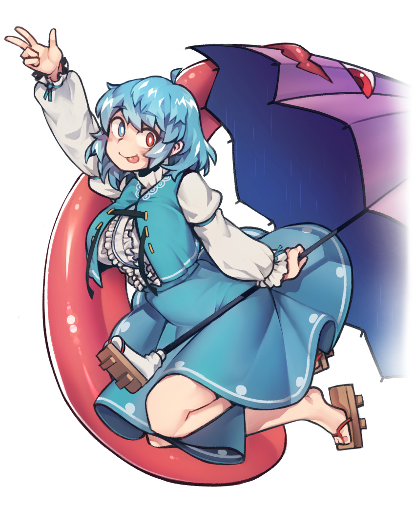 1girl arm_up blue_eyes blue_hair blush breasts closed_mouth eyebrows_visible_through_hair full_body heterochromia highres large_breasts long_sleeves looking_at_viewer messy_hair pigeoncrow red_eyes short_hair smile solo tatara_kogasa tongue tongue_out touhou v