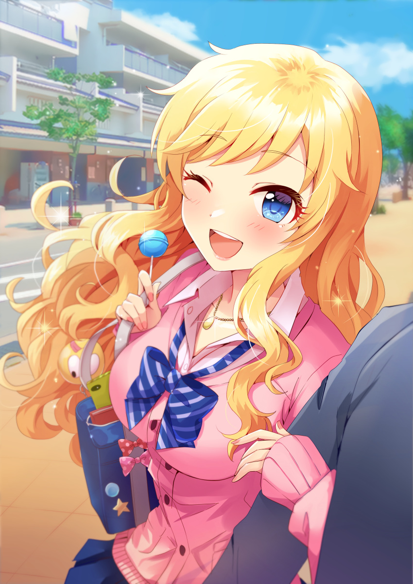 1girl ;d absurdres bag bangs blonde_hair blue_eyes blush bow breasts candy commentary_request day eyebrows_visible_through_hair food highres idolmaster idolmaster_cinderella_girls idolmaster_cinderella_girls_starlight_stage jewelry large_breasts lollipop long_hair looking_at_viewer necklace one_eye_closed ootsuki_yui open_mouth outdoors sakura_ran shirt skirt sky smile solo_focus wavy_hair white_shirt