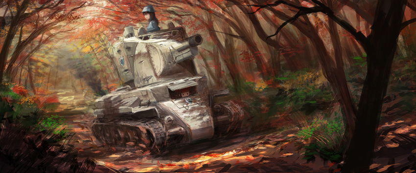 2girls black_eyes black_hair breasts brown_hair bt-42 caterpillar_tracks commentary_request day emblem forest ginho girls_und_panzer ground_vehicle hat highres keizoku_(emblem) keizoku_military_uniform long_hair mika_(girls_und_panzer) mikko_(girls_und_panzer) military military_vehicle motor_vehicle multiple_girls nature sunlight tank traditional_media tree twintails