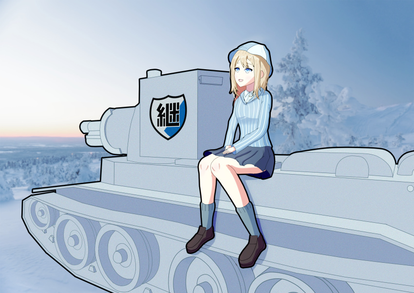 1girl absurdres blonde_hair blue_eyes breasts bt-42 caterpillar_tracks commentary_request emblem evening forest gilijim girls_frontline girls_und_panzer ground_vehicle hat highres huge_filesize keizoku_(emblem) keizoku_military_uniform military military_vehicle motor_vehicle nature sitting sky smile snow solo suomi_kp31_(girls_frontline) tank tree
