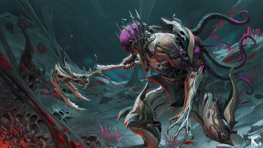 1boy claws embers glintastickevin highres holding holding_scythe holding_weapon male_focus nidus_(warframe) organic plant science_fiction scythe signature solo tentacles warframe weapon