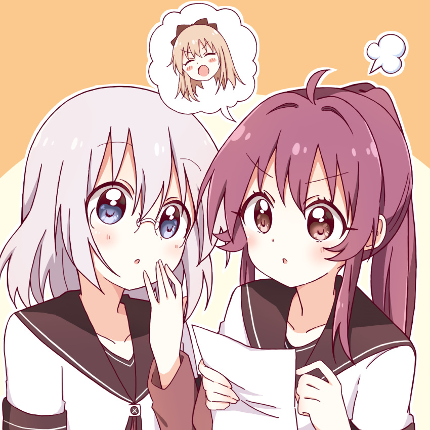 2girls :d :o black_sailor_collar blonde_hair blue_eyes blush bow closed_eyes commentary_request eyebrows_visible_through_hair fume glasses hair_between_eyes hair_bow hand_to_own_mouth hand_up highres holding holding_paper ikeda_chitose light_purple_hair long_hair long_sleeves medium_hair mesushio multiple_girls nanamori_school_uniform open_mouth orange_background outline paper ponytail purple_hair reading red_bow sailor_collar school_uniform serafuku shirt short_over_long_sleeves short_sleeves smile speech_bubble spoken_character sugiura_ayano toshinou_kyouko two-tone_background upper_body v-shaped_eyebrows violet_eyes white_background white_outline white_shirt yuru_yuri