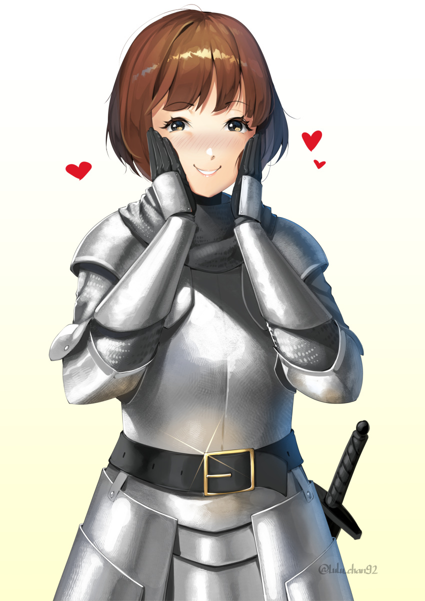 1girl absurdres bangs belt belt_buckle black_belt blush brown_background brown_eyes brown_hair buckle commentary english_commentary eyebrows_visible_through_hair gauntlets glint gradient gradient_background hands_on_own_cheeks hands_on_own_face hands_up heart highres knight looking_at_viewer lulu-chan92 nose_blush original parted_lips short_hair smile solo sword twitter_username weapon white_background