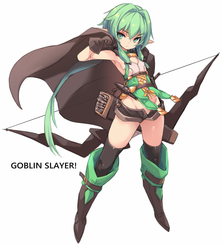 1girl armpits arrow_(projectile) bangs black_gloves black_legwear boots bow_(weapon) breasts brown_cape brown_gloves brown_shorts cape commentary_request copyright_name full_body gloves goblin_slayer! green_eyes green_hair groin hand_up high_elf_archer_(goblin_slayer!) highres holding holding_bow_(weapon) holding_weapon karukan_(monjya) knee_boots looking_at_viewer navel open_clothes open_shorts pointy_ears quiver short_hair short_shorts shorts simple_background small_breasts solo standing thigh-highs weapon white_background
