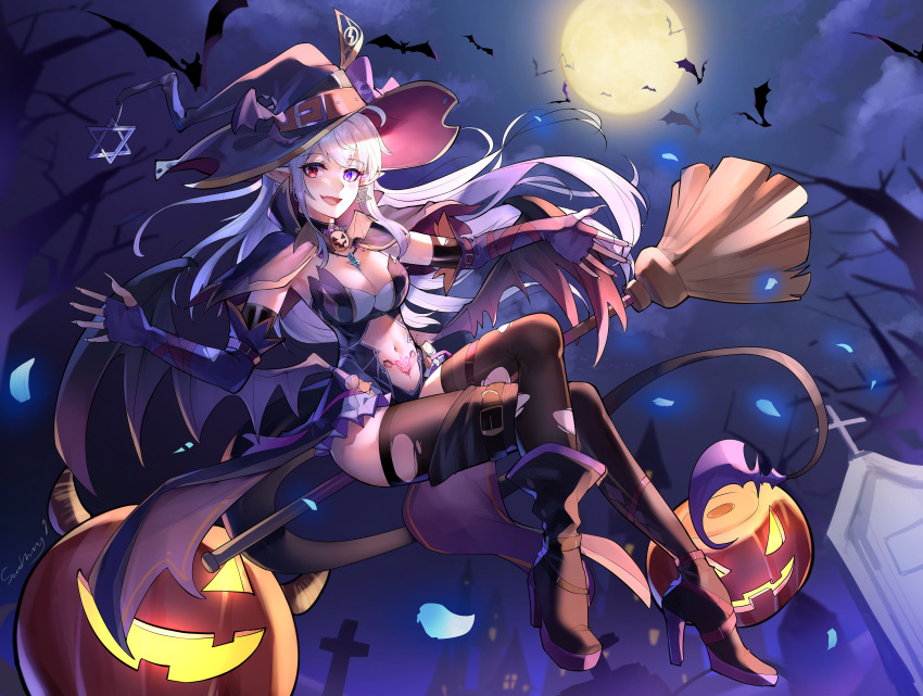 1girl absurdres backlighting bat black_legwear boots breasts broom broom_riding demon_girl demon_tail demon_wings elbow_gloves fingerless_gloves fingernails full_moon gloves graveyard halloween hat heterochromia high_heel_boots high_heels highres jack-o'-lantern kaer_sasi_dianxia large_breasts looking_at_viewer moon navel night original pantyhose pointy_ears pubic_tattoo red_eyes smile solo succubus tail tattoo thigh-highs thighs violet_eyes wings witch_hat
