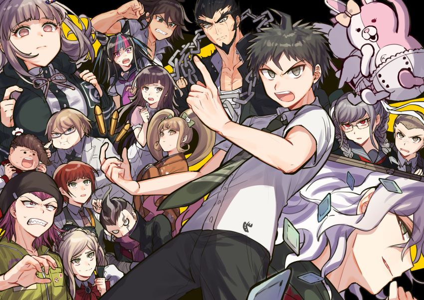 6+boys 6+girls apron beard black_hair black_headwear black_pants blue_eyes blue_hair bow braid breasts brown_eyes brown_hair bullet cat_hair_ornament chef chef_hat chef_uniform collar collared_shirt commentary_request dangan_ronpa dark_skin dark-skinned_female ear_ribbon everyone eyebrows_visible_through_hair facial_hair fat fat_man freckles from_side glasses gloves green_eyes hair_bow hair_ornament hanamura_teruteru hat highres hinata_hajime holding hood hoodie japanese_clothes kimono koizumi_mahiru komaeda_nagito kuzuryuu_fuyuhiko large_breasts long_hair looking_at_viewer medium_hair mioda_ibuki monomi_(dangan_ronpa) multicolored_hair multiple_boys multiple_girls nanami_chiaki neck_ribbon necktie nidai_nekomaru nurse open_mouth owari_akane pants pekoyama_peko pink_eyes pink_hair pink_ribbon plaid_neckwear profile purple_hair red_bow red_eyes redhead ribbon saionji_hiyoko school_uniform sharp_teeth shirt short_hair silver_hair skirt smile sonia_nevermind souda_kazuichi sumeshiruko super_dangan_ronpa_2 tanaka_gandamu teeth togami_byakuya tsumiki_mikan twintails upper_teeth very_short_hair white_hair wings