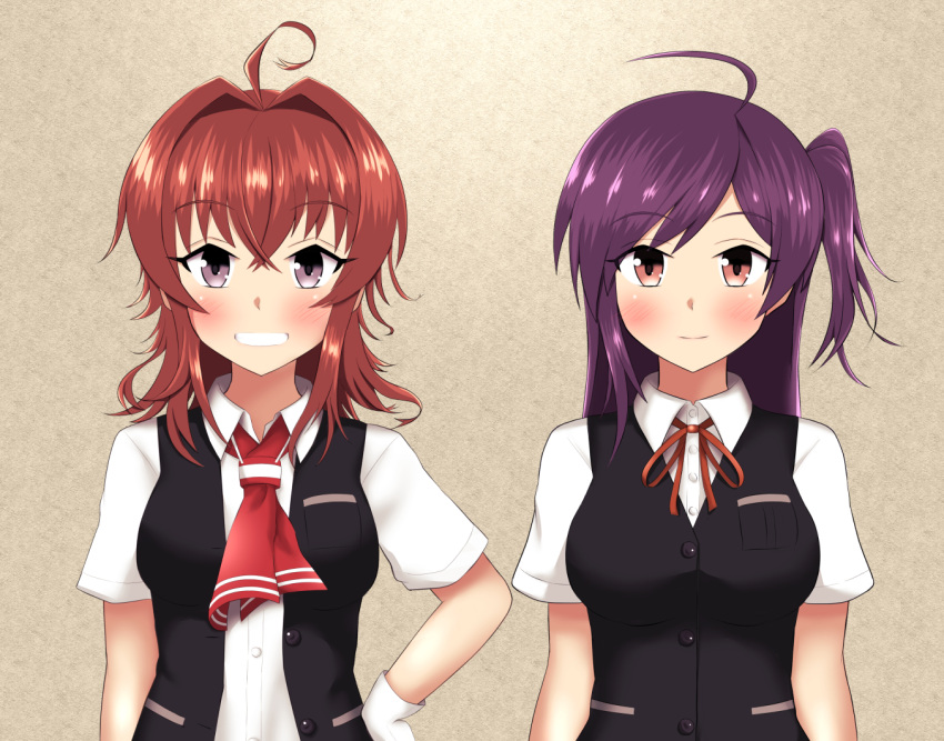 2girls ahoge arashi_(kantai_collection) black_vest blouse breasts dress_shirt gloves hagikaze_(kantai_collection) haoto_(arnica_leaf) kantai_collection long_hair messy_hair multiple_girls neck_ribbon neckerchief one_side_up purple_hair red_neckwear red_ribbon redhead ribbon shirt short_sleeves small_breasts upper_body vest violet_eyes white_blouse white_gloves