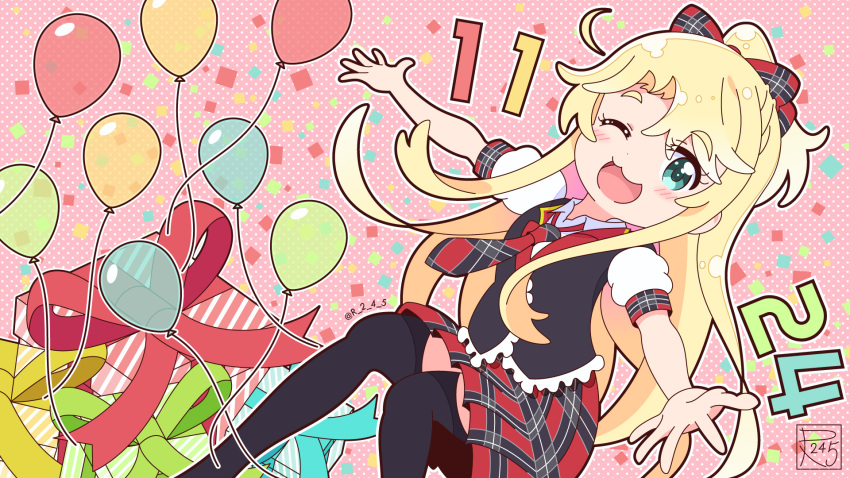 1girl :3 ;d ahoge alternate_costume balloon birthday black_legwear black_vest blonde_hair blush bow box collared_shirt commentary dated eyebrows_visible_through_hair gift green_eyes hair_bow happy highres himesaka_noa long_hair looking_at_viewer loose_necktie necktie number one_eye_closed open_mouth outline outstretched_arms pink_background plaid plaid_bow plaid_neckwear plaid_skirt polka_dot polka_dot_background puffy_short_sleeves puffy_sleeves r245 red_bow red_neckwear red_skirt shirt short_sleeves signature skirt smile solo thick_eyebrows thigh-highs twitter_username very_long_hair vest watashi_ni_tenshi_ga_maiorita! white_outline white_shirt
