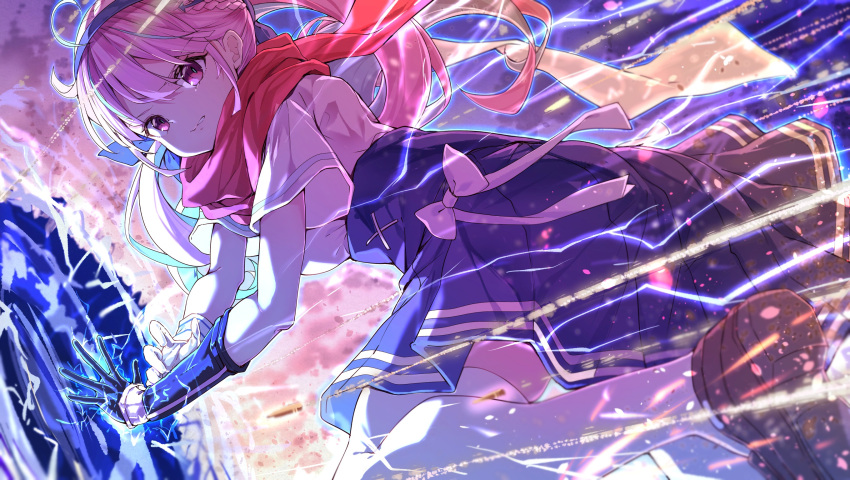 1girl ahoge bangs blue_gloves blue_hair blue_hairband blue_skirt braid clenched_teeth darjeeling_(reley) electricity eyebrows_visible_through_hair gloves hair_between_eyes hairband high-waist_skirt highres hololive long_hair looking_at_viewer looking_to_the_side magic minato_aqua mismatched_gloves multicolored_hair parted_lips pink_hair pleated_skirt red_eyes red_scarf scarf shirt short_sleeves skirt solo teeth thigh-highs twintails two-tone_hair virtual_youtuber white_gloves white_legwear white_shirt wide_sleeves