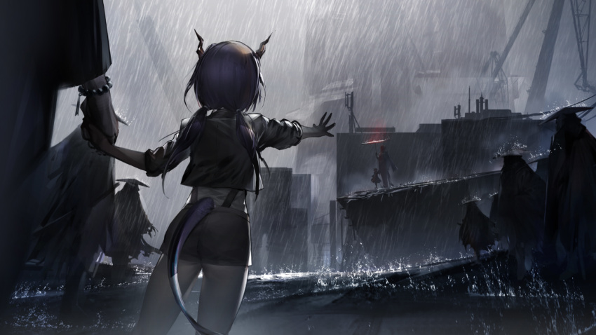 2girls 6+boys arknights artist_request black_jacket black_shorts blue_hair ch'en_(arknights) coat day dragon_horns dragon_tail from_behind game_cg hat horns jacket koshchei long_hair multiple_boys multiple_girls official_art outdoors parasol rain reaching_out shirt shorts spoilers tail talulah_(arknights) twintails umbrella wei_yenwu_(arknights) white_shirt younger