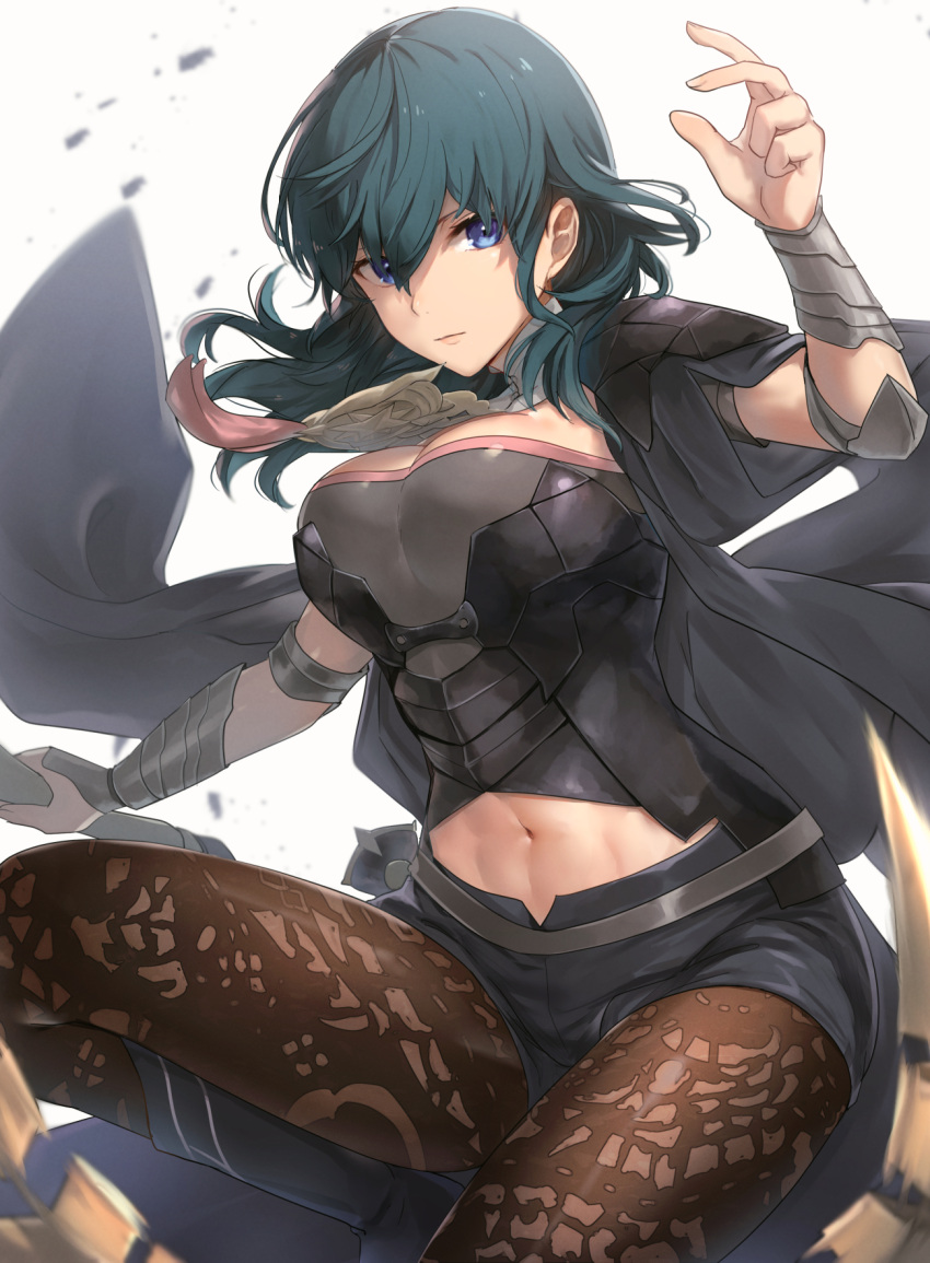 1girl abs arm_guards bangs black_coat black_footwear black_shorts blue_eyes blue_hair boots breasts brown_legwear byleth_(fire_emblem) byleth_eisner_(female) closed_mouth coat coat_on_shoulders fire_emblem fire_emblem:_three_houses hair_between_eyes haru_(nakajou-28) highres holding holding_sword holding_weapon knee_boots large_breasts looking_at_viewer navel open_clothes open_coat pantyhose short_shorts shorts simple_background smile solo sword sword_of_the_creator tassel thighs vambraces weapon whip_sword white_background