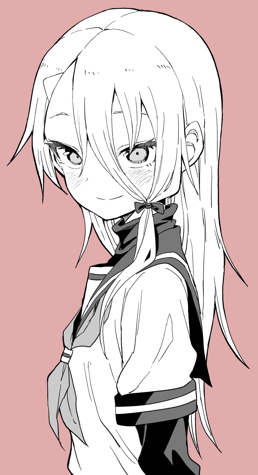 1girl absurdres blush closed_mouth commentary_request greyscale hair_between_eyes hair_ribbon highres long_hair looking_at_viewer mikage_sakurako monochrome pink_background ribbon school_uniform shougi_no_yatsu simple_background smile solo upper_body yamamoto_souichirou